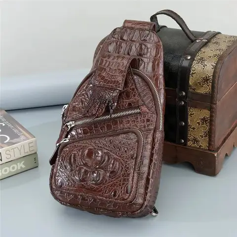Exotic Genuine Alligator 皮革 男士's Small Brown Color Travel Chest Bag Authentic Crocodile Skin Male Cross Bag Messenger Bag