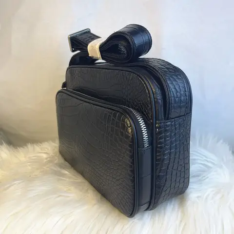 Exotic style real crocodile leather men's one-shoulder cross-body bag authentic crocodile belly leather men's black postman bag